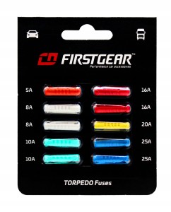 Bezpieczniki cylindryczne FirstGear TORPEDO 12V 24V zestaw 10 szt.