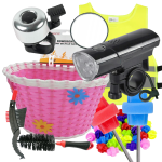 Zestaw małego rowerzysty, dla rowerzysty, dziewczynki - Koszyk rowerowy, lampka, lusterko, dzwonek, koraliki na szprychy, szczotki do czyszczenia, kamizelka ostrzegawcza