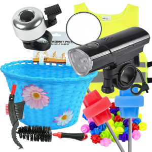 Zestaw małego rowerzysty, dla rowerzysty, chłopca - Koszyk rowerowy, lampka, lusterko, dzwonek, koraliki na szprychy, szczotki do czyszczenia, kamizelka ostrzegawcza