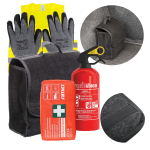 Zestaw samochodowy dla kierowcy - Apteczka DIN z Ustnikiem Kamizelka odblaskowa Gaśnica Rękawiczki robocze Organizer - Kuferek Mały