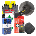 Zestaw samochodowy dla początkującego kierowcy - Apteczka DIN z Ustnikiem Kamizelka odblaskowa Gaśnica Rękawiczki robocze Zielony listek Zasobnik H7 Oświadczenie sprawcy wypadku Organizer - Kuferek Mały