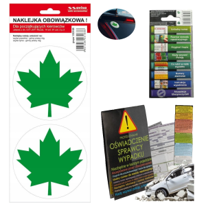 Zestaw początkującego kierowcy - Naklejka na szybę ZIELONY LISTEK, liść klonu 2 szt. + Oświadczenie sprawcy wypadku, kolizji  samokopiujące