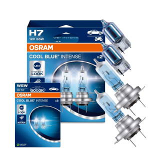 Żarówki halogenowe H7 OSRAM Cool Blue Intense 55W 12V 5000K  + W5W OSRAM 5W T10 12V 4000K Cool Blue Intense