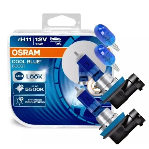 Żarówki halogenowe H11 OSRAM COOL BLUE BOOST 75W 12V 5500K + Żarówki W5W T10 XENON BLUE POWERTEC