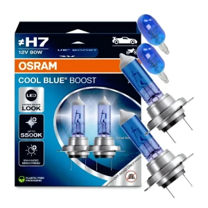 Żarówki halogenowe H7 OSRAM COOL BLUE BOOST 80W 12V 5500K + Żarówki W5W T10 XENON BLUE POWERTEC