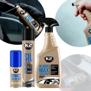 Odmrażacz do szyb K2 Alaska Max 700ml + Odmrażacz do zamków K2 GERWAZY 50 ML + Silikon do uszczelek SIL 300 ML