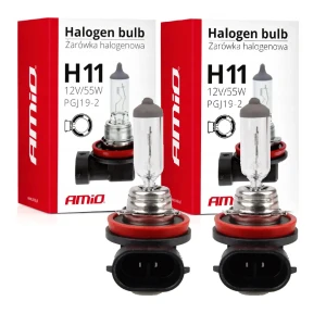 Żarówki halogenowe H11 AMiO 12V 55W PGJ19-2 2 sztuki Filtr UV Homologacja Mijania Drogowe