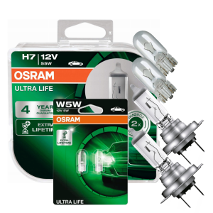 Żarówki halogenowe H7 OSRAM ULTRA LIFE 55W 12V 2 szt. + W5W T10 OSRAM ULTRA LIFE 5W 12V 2 szt. LONG LIFE