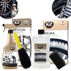 Zestaw do czyszczenia, pielęgnacji kół i opon - Krwawa felga K2 Roton 700 ml, Żel nabłyszczający Sigma 500 ml + szczotka
