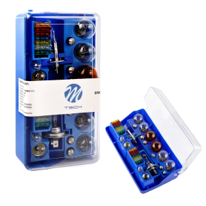 Zasobnik H1 55W 12V + H7 55W 12V z bezpiecznikami 32 el. zestaw zapasowych żarówek + bezpieczniki 