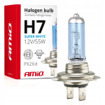 Żarówka halogenowa H7 AMiO 12V 55W Super White Filtr UV E8 Więcej Światła Mijania Drogowe