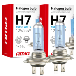 Żarówki halogenowe H7 AMiO 12V 55W Super White 2 sztuki Filtr UV E8 Więcej Światła Mijania Drogowe