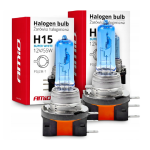Żarówki halogenowe H15 AMiO 12V 15/55W Super White 2 sztuki Filtr UV Więcej Światła Mijania Drogowe Audi BMW Jaguar Mazda Seat