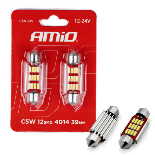 Żarówki LED C5W 39mm CANBUS Festoon AMiO 12V-24V Retrofit 2 sztuki – do wnętrza i tablicy rejestracyjnej 01290
