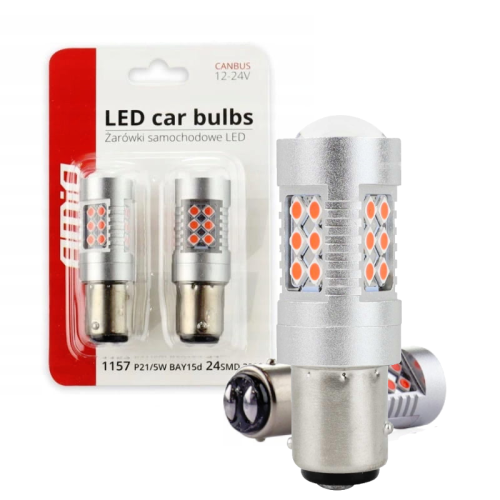 Żarówki LED P21/5W PR21/5W BAY15D CANBUS AMiO 12V 24V Retrofity – Czerwone Dwuwłóknowe 02579