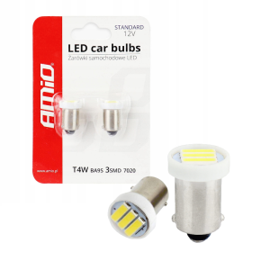 Żarówki LED T4W BA9s AMiO 12V 3xSMD 7020 Białe – Retrofity Diody Samochodowe do Licznika Zegara 
