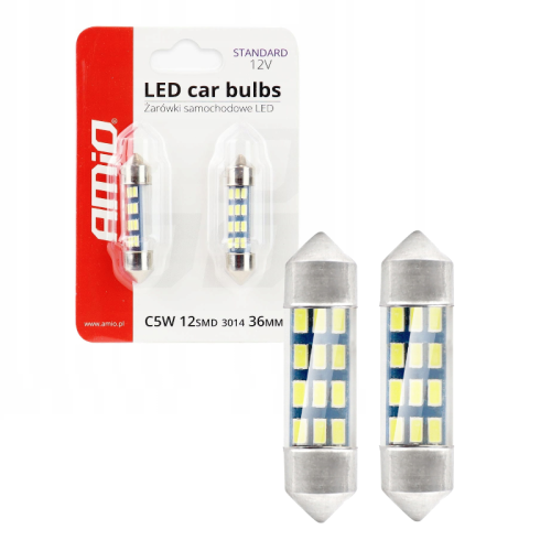Żarówki LED C5W 36mm SV8.5 AMiO 12V 12SMD Retrofity – Rurki do wnętrza i tablicy rejestracyjnej 01090