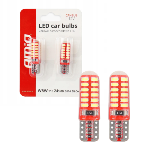 Żarówki LED W5W T10 CANBUS AMiO 12V 24xSMD3014 Retrofity – Białe Diody Do Wnętrza 01444