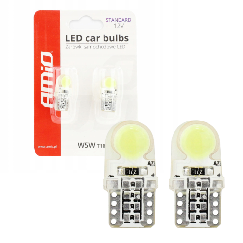 Żarówki LED W5W T10 AMiO 12V 2xCOB Retrofity – Białe Diody Do Wnętrza 01441