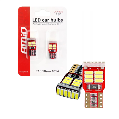 Żarówki LED W5W T10 CANBUS AMiO 12V 18SMD – Retrofity Białe do Oświetlenia Wnętrza Tablicy 01286