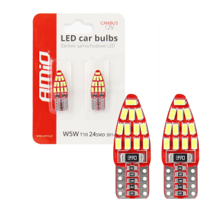 Żarówki LED W5W T10 CANBUS AMiO 12V 24xSMD3014 Retrofity – Białe Diody Do Wnętrza