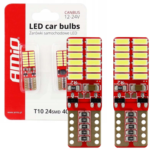 Żarówki LED W5W T10 CANBUS AMiO 12V 24V 24xSMD 4014 Retrofity – Białe Diody Do Wnętrza 01287