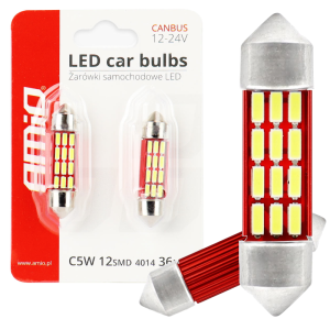 Żarówki LED C5W C10W 36mm CANBUS AMiO 12V - 24V Retrofity Rurki Białe – do wnętrza i tablicy rejestracyjnej