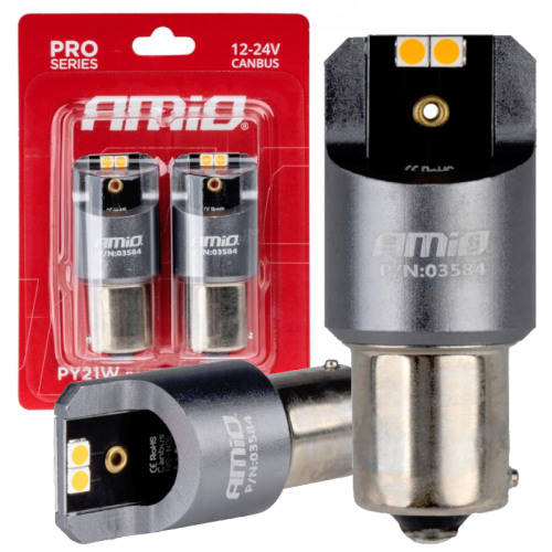 Żarówki LED PY21W BAU15s CANBUS AMiO 12V 24V 4x3030 SMD Retrofity Pomarańczowe - Diody Kierunkowskazy 03584