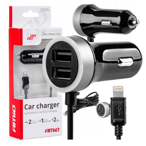 Ładowarka Samochodowa USB 2x USB Lightning iPhone 2.4A 12/24V